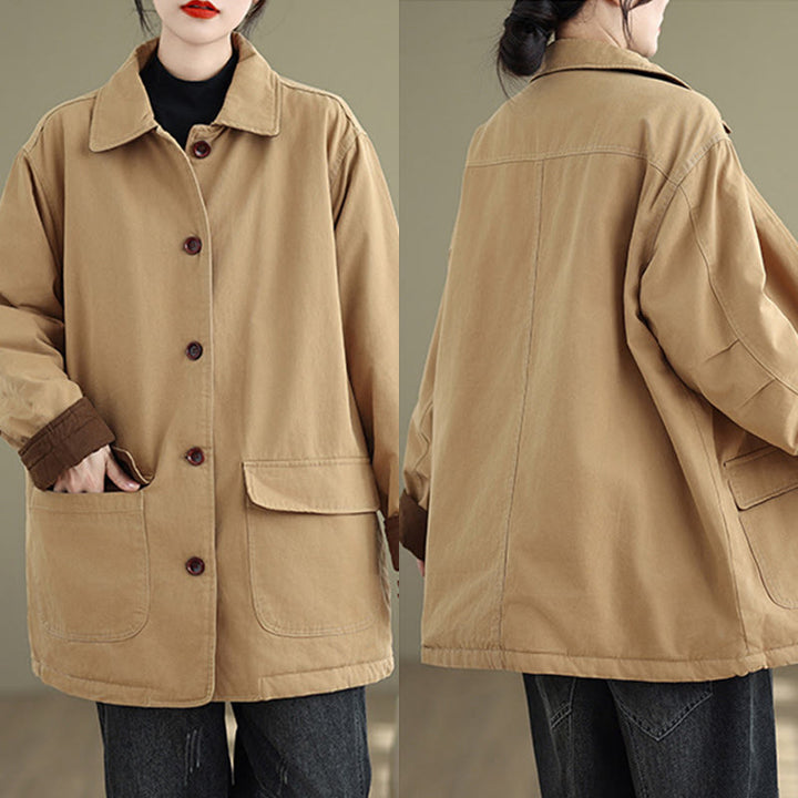 Buddha Stones Plain Lapel Buttons Design Women's Long Sleeve Quilted Cotton Jacket With Pockets - image 3