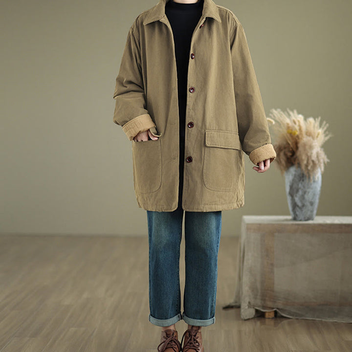 Buddha Stones Plain Lapel Buttons Design Women's Long Sleeve Quilted Cotton Jacket With Pockets - image 18