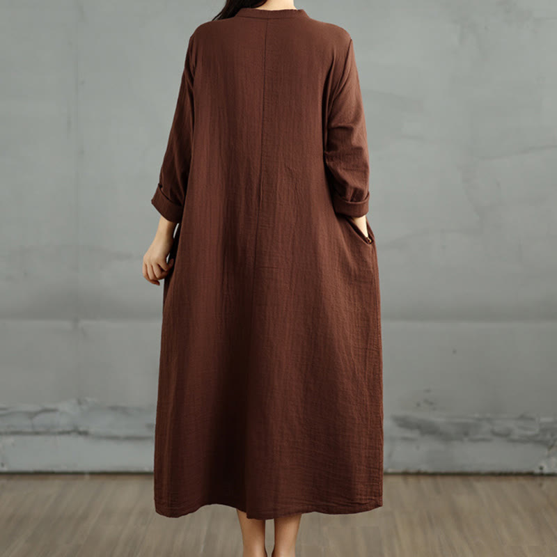 Buddha Stones Plain Long Sleeve Notched Collar Double-layer Cotton Midi Dress With Pockets - image 5