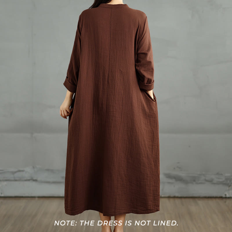 Buddha Stones Plain Long Sleeve Notched Collar Double-layer Cotton Midi Dress With Pockets - image 1