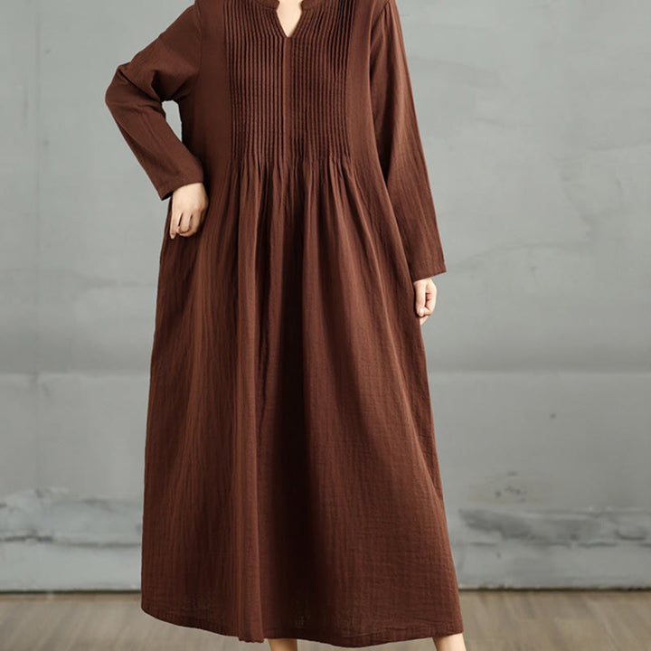 Buddha Stones Plain Long Sleeve Notched Collar Double-layer Cotton Midi Dress With Pockets - image 7