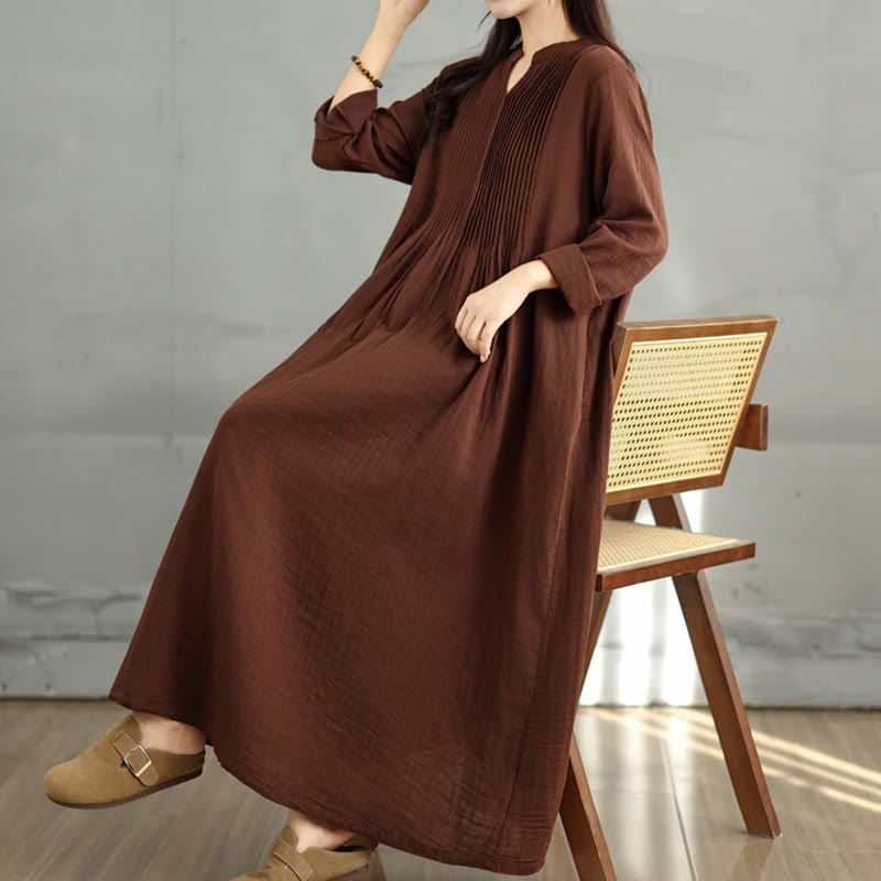 Buddha Stones Plain Long Sleeve Notched Collar Double-layer Cotton Midi Dress With Pockets - image 8