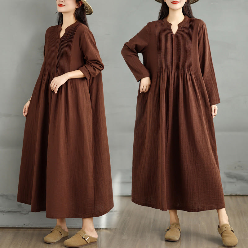 Buddha Stones Plain Long Sleeve Notched Collar Double-layer Cotton Midi Dress With Pockets - SaddleBrown - US4-8/10,UK/AU8-12/14,EU36-40/42(F) - image 0