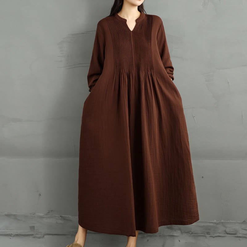 Buddha Stones Plain Long Sleeve Notched Collar Double-layer Cotton Midi Dress With Pockets - image 4
