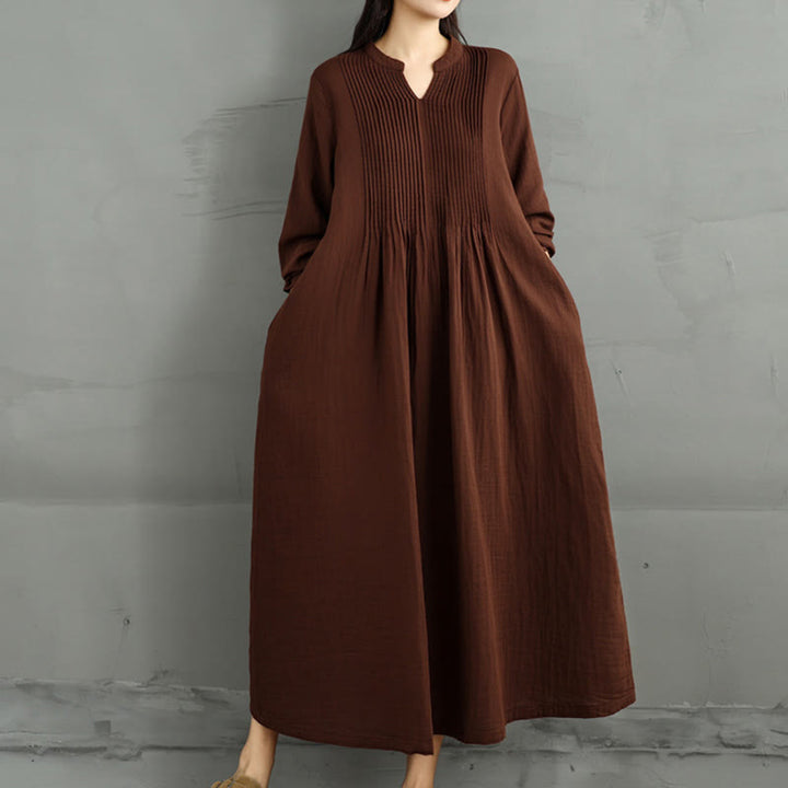 Buddha Stones Plain Long Sleeve Notched Collar Double-layer Cotton Midi Dress With Pockets - image 4