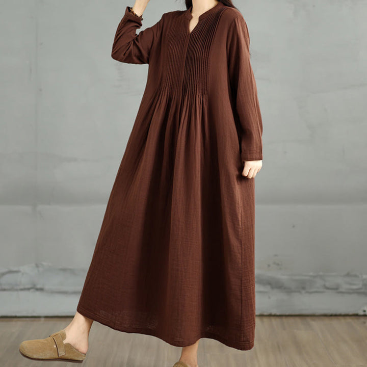 Buddha Stones Plain Long Sleeve Notched Collar Double-layer Cotton Midi Dress With Pockets - image 3