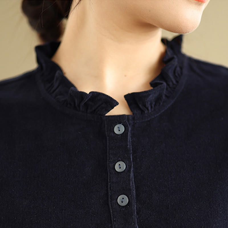 Buddha Stones Lace-Up Design Ruffled Crew Neck Cotton Corduroy Long Sleeve Midi Dress With Pockets - image 8