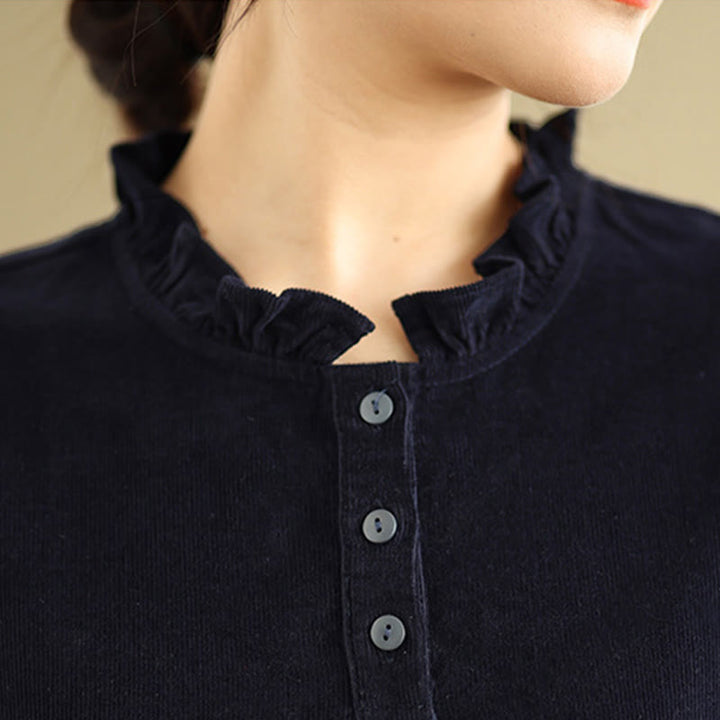 Buddha Stones Lace-Up Design Ruffled Crew Neck Cotton Corduroy Long Sleeve Midi Dress With Pockets - image 8