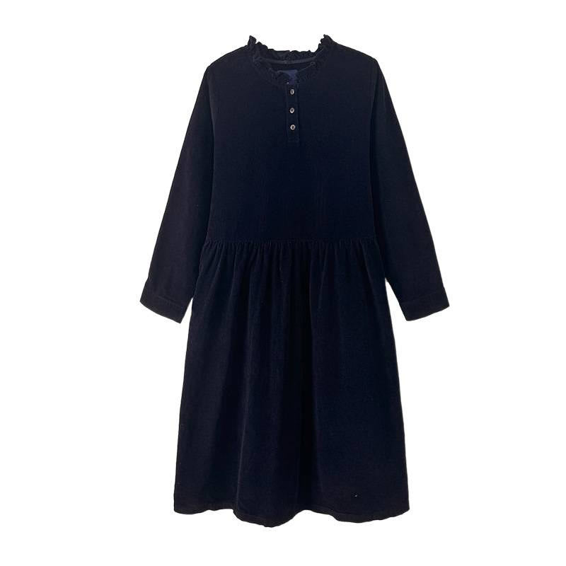 Buddha Stones Lace-Up Design Ruffled Crew Neck Cotton Corduroy Long Sleeve Midi Dress With Pockets - image 12