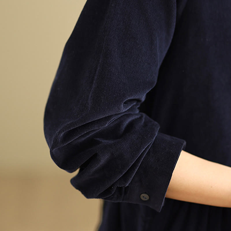 Buddha Stones Lace-Up Design Ruffled Crew Neck Cotton Corduroy Long Sleeve Midi Dress With Pockets - image 10