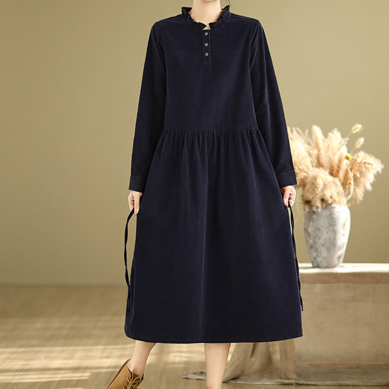 Buddha Stones Lace-Up Design Ruffled Crew Neck Cotton Corduroy Long Sleeve Midi Dress With Pockets - image 3