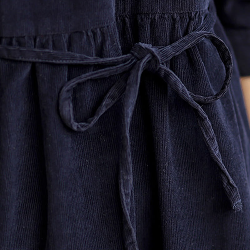 Buddha Stones Lace-Up Design Ruffled Crew Neck Cotton Corduroy Long Sleeve Midi Dress With Pockets - image 9