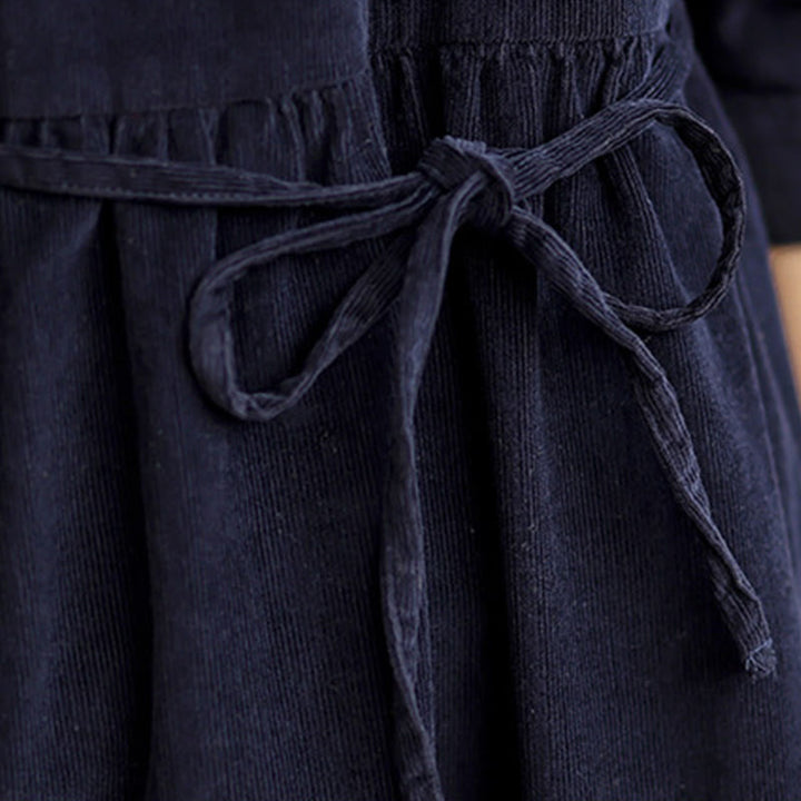 Buddha Stones Lace-Up Design Ruffled Crew Neck Cotton Corduroy Long Sleeve Midi Dress With Pockets - image 9