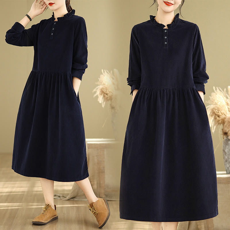 Buddha Stones Lace-Up Design Ruffled Crew Neck Cotton Corduroy Long Sleeve Midi Dress With Pockets - image 7