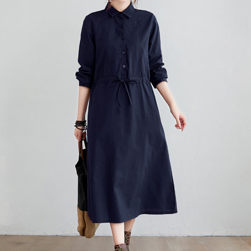 Buddha Stones Fall Solid Color Lace-Up Design Lapel Long Sleeve Cotton Midi Dress With Pockets - MidnightBlue - US8-10,UK/AU12-14,EU40-42 (2XL) - image 0