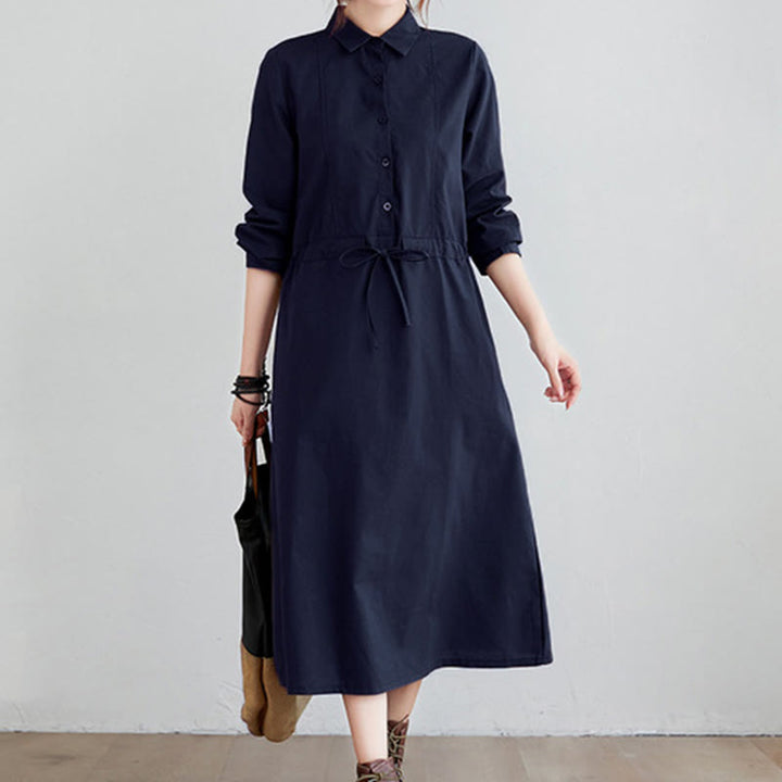 Buddha Stones Fall Solid Color Lace-Up Design Lapel Long Sleeve Cotton Midi Dress With Pockets - MidnightBlue - US8-10,UK/AU12-14,EU40-42 (2XL) - image 0
