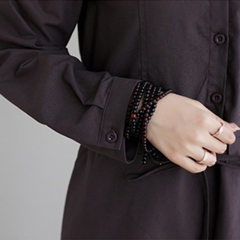 Buddha Stones Fall Solid Color Lace-Up Design Lapel Long Sleeve Cotton Midi Dress With Pockets - image 15