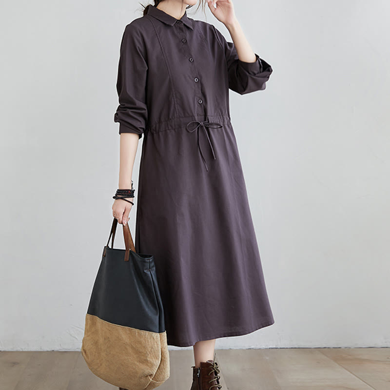 Buddha Stones Fall Solid Color Lace-Up Design Lapel Long Sleeve Cotton Midi Dress With Pockets - image 10