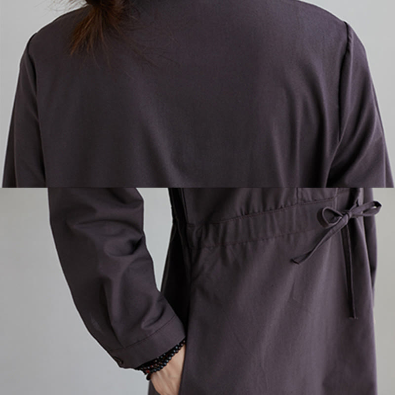 Buddha Stones Fall Solid Color Lace-Up Design Lapel Long Sleeve Cotton Midi Dress With Pockets - image 16