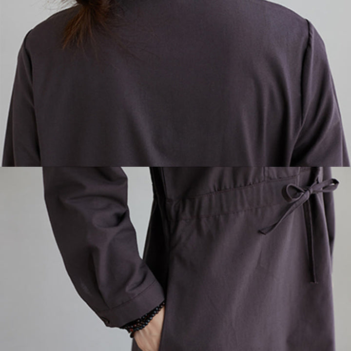 Buddha Stones Fall Solid Color Lace-Up Design Lapel Long Sleeve Cotton Midi Dress With Pockets - image 16