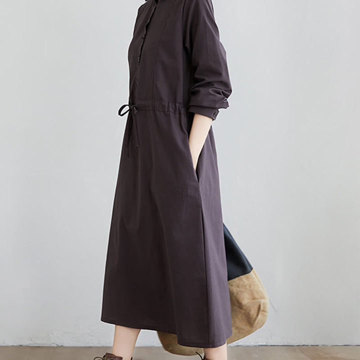 Buddha Stones Fall Solid Color Lace-Up Design Lapel Long Sleeve Cotton Midi Dress With Pockets - image 11