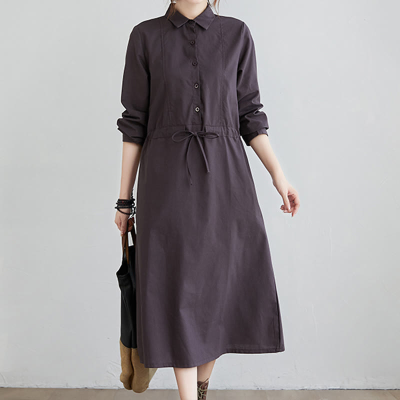 Buddha Stones Fall Solid Color Lace-Up Design Lapel Long Sleeve Cotton Midi Dress With Pockets - image 7