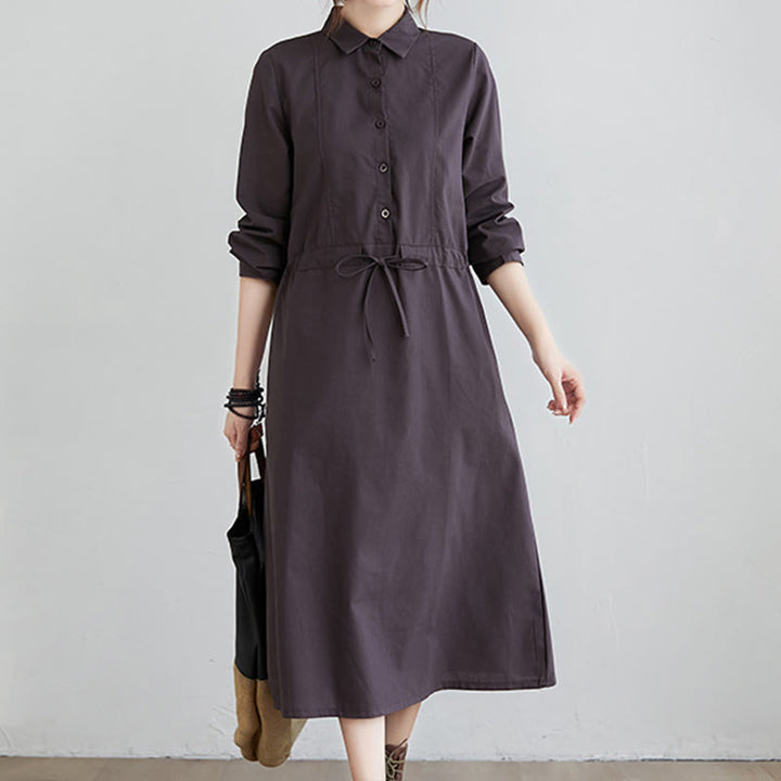 Buddha Stones Fall Solid Color Lace-Up Design Lapel Long Sleeve Cotton Midi Dress With Pockets - image 7