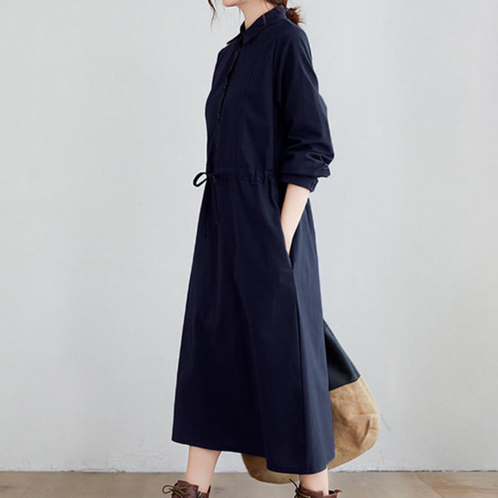 Buddha Stones Fall Solid Color Lace-Up Design Lapel Long Sleeve Cotton Midi Dress With Pockets - image 3