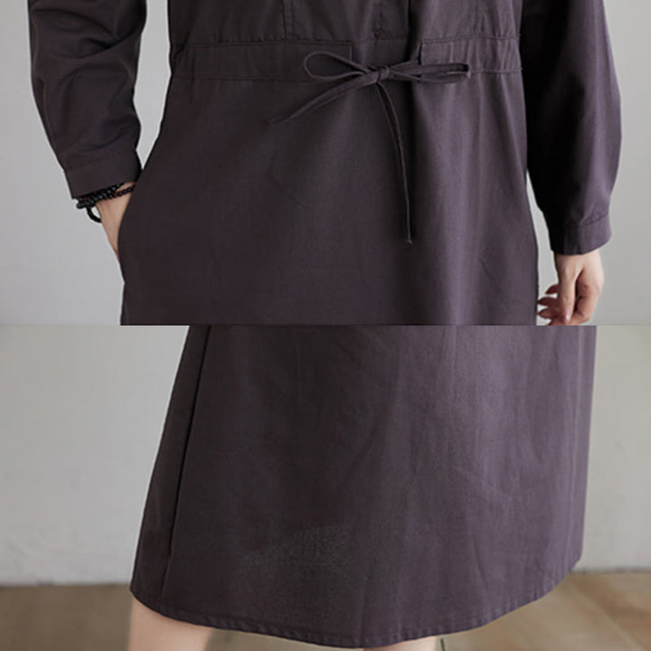 Buddha Stones Fall Solid Color Lace-Up Design Lapel Long Sleeve Cotton Midi Dress With Pockets - image 17