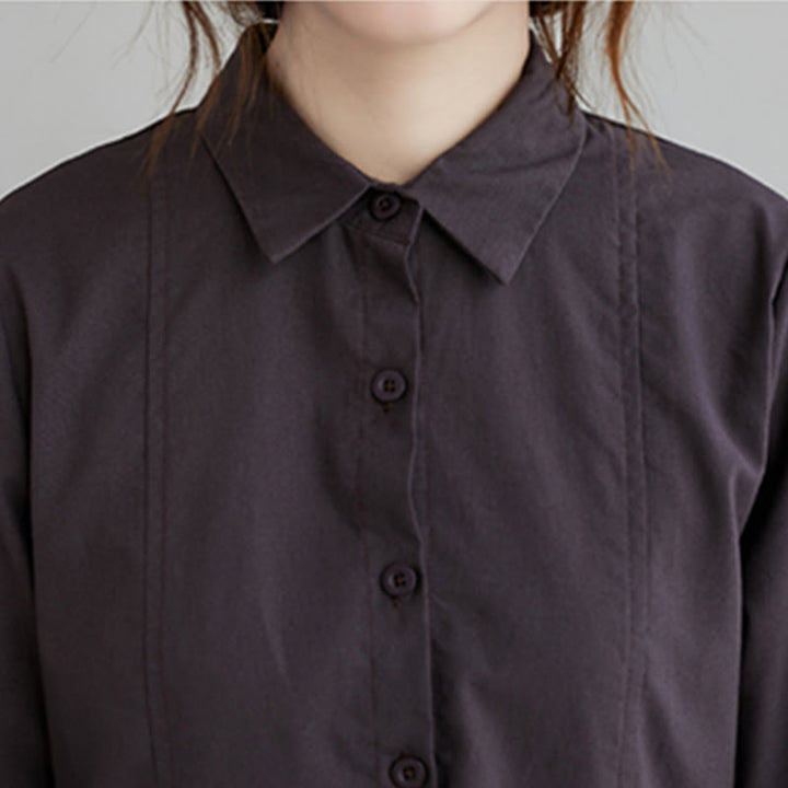 Buddha Stones Fall Solid Color Lace-Up Design Lapel Long Sleeve Cotton Midi Dress With Pockets - image 14