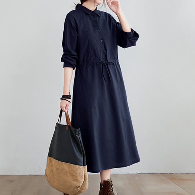Buddha Stones Fall Solid Color Lace-Up Design Lapel Long Sleeve Cotton Midi Dress With Pockets - image 2