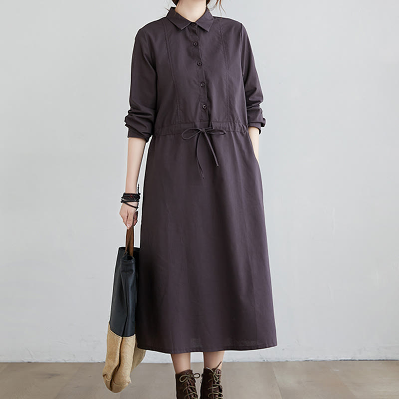 Buddha Stones Fall Solid Color Lace-Up Design Lapel Long Sleeve Cotton Midi Dress With Pockets - image 8