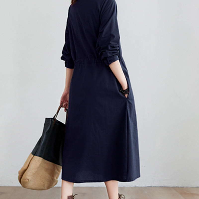 Buddha Stones Fall Solid Color Lace-Up Design Lapel Long Sleeve Cotton Midi Dress With Pockets - image 4