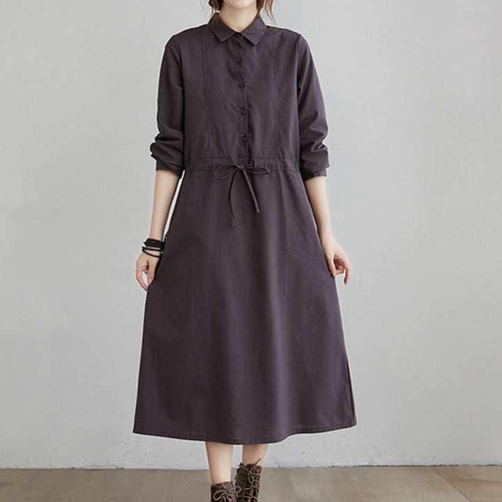 Buddha Stones Fall Solid Color Lace-Up Design Lapel Long Sleeve Cotton Midi Dress With Pockets - RosyBrown - US8-10,UK/AU12-14,EU40-42 (2XL) - image 5