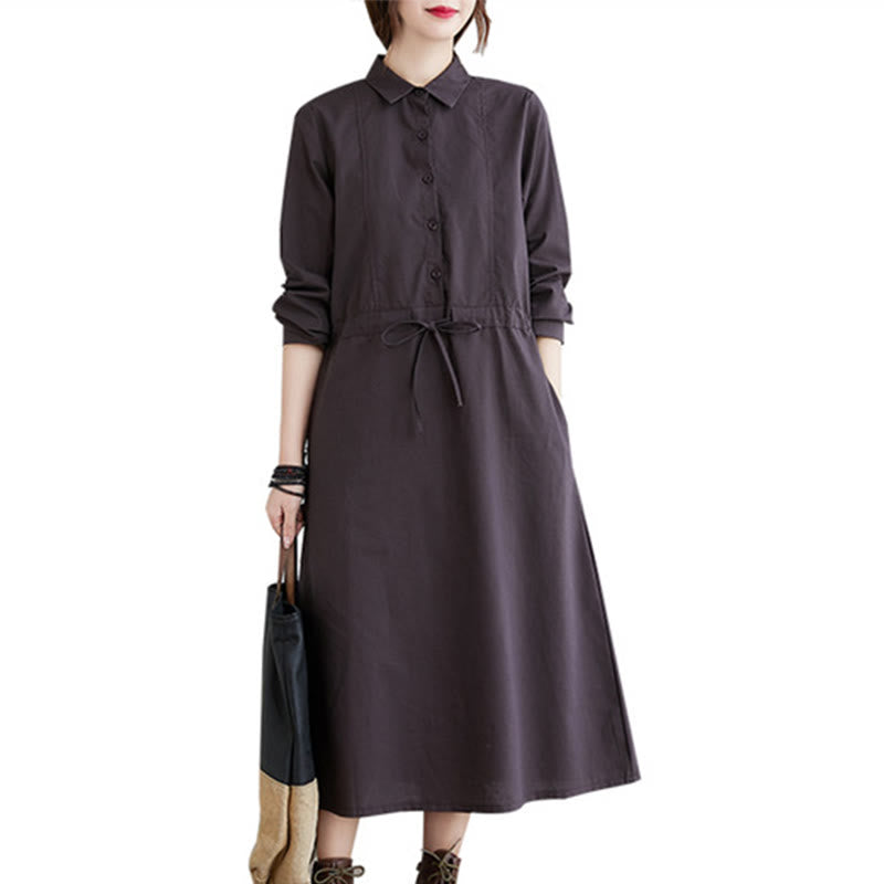 Buddha Stones Fall Solid Color Lace-Up Design Lapel Long Sleeve Cotton Midi Dress With Pockets - image 18