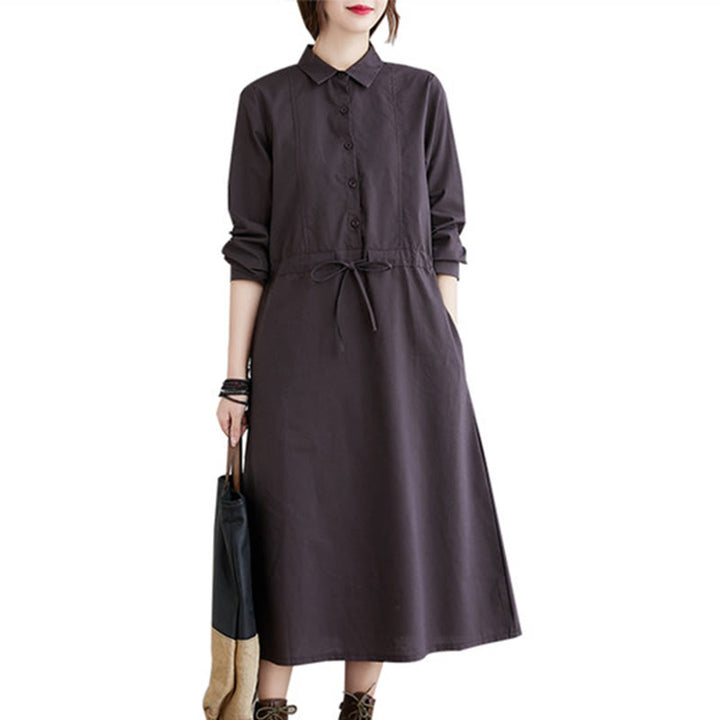 Buddha Stones Fall Solid Color Lace-Up Design Lapel Long Sleeve Cotton Midi Dress With Pockets - image 18