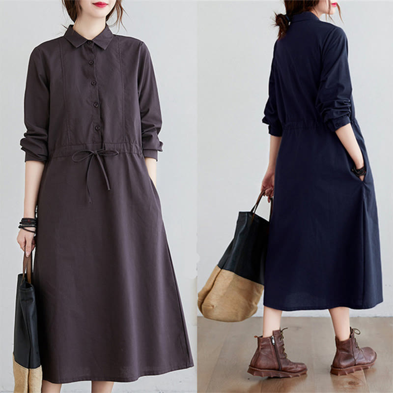 Buddha Stones Fall Solid Color Lace-Up Design Lapel Long Sleeve Cotton Midi Dress With Pockets - image 19