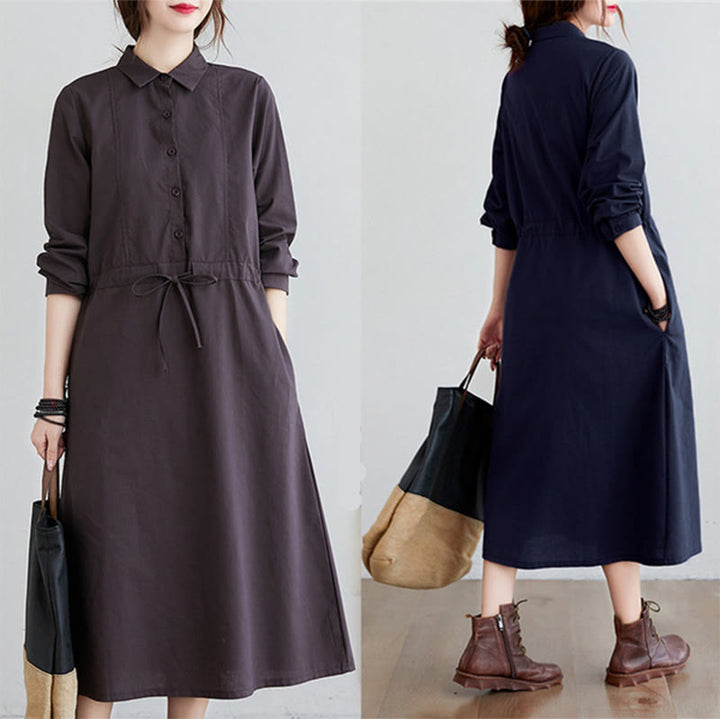 Buddha Stones Fall Solid Color Lace-Up Design Lapel Long Sleeve Cotton Midi Dress With Pockets - image 19