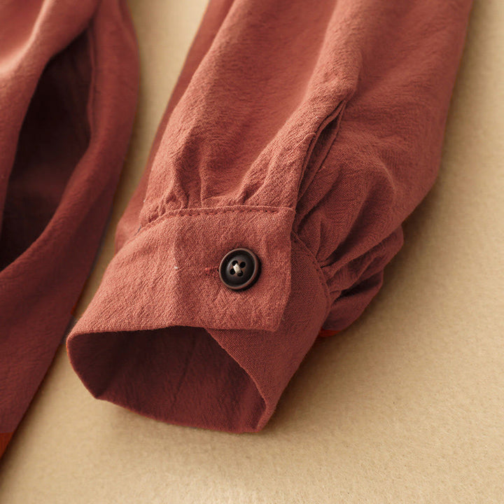 Buddha Stones Fall Lapel Buttons Lace-Up Design Cotton Long Sleeve Midi Dress With Pockets - image 6