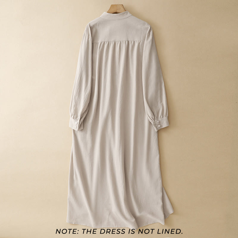 Buddha Stones Pure Color Stand Collar Double-breasted Buttons Design Cotton Long Sleeve Midi Dress - image 1