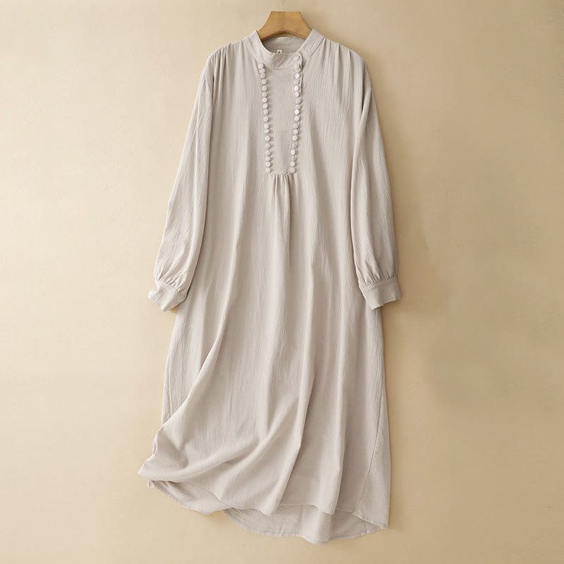 Buddha Stones Pure Color Stand Collar Double-breasted Buttons Design Cotton Long Sleeve Midi Dress - AntiqueWhite - US14,UK/AU18,EU46 (2XL) - image 0