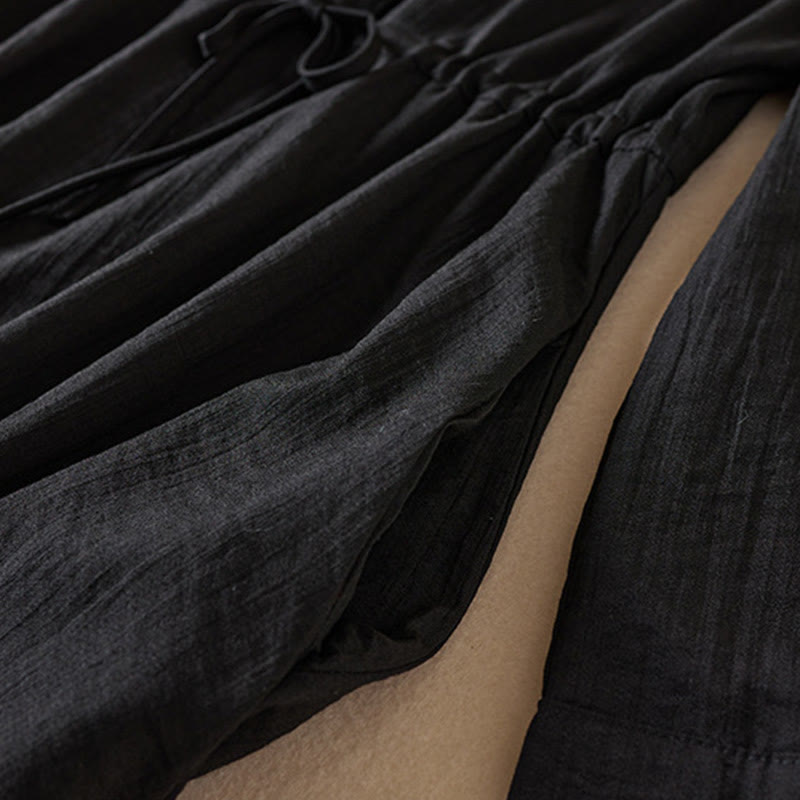 Buddha Stones Pure Color Notched Collar Drawstring Cotton Long Sleeve Midi Dress With Pockets - image 3