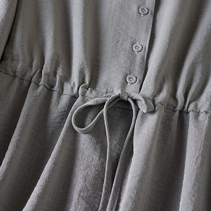 Buddha Stones Pure Color Notched Collar Drawstring Cotton Long Sleeve Midi Dress With Pockets - image 10