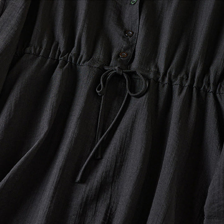 Buddha Stones Pure Color Notched Collar Drawstring Cotton Long Sleeve Midi Dress With Pockets - image 4