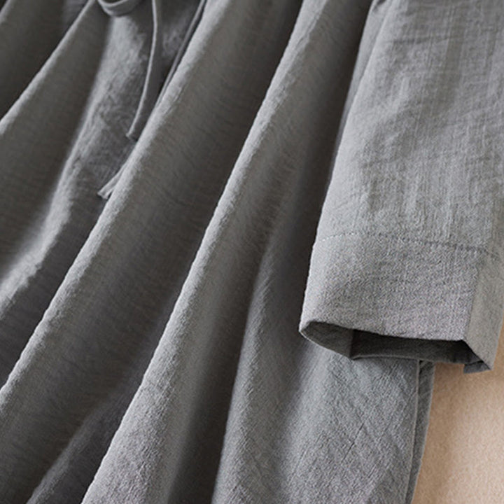 Buddha Stones Pure Color Notched Collar Drawstring Cotton Long Sleeve Midi Dress With Pockets - image 9