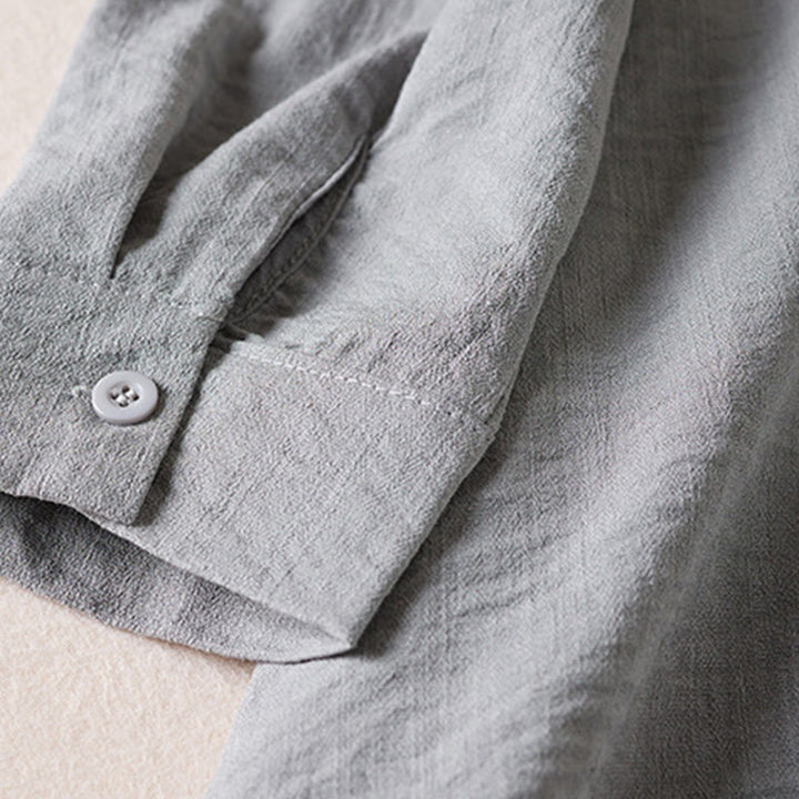 Buddha Stones Pure Color Notched Collar Drawstring Cotton Long Sleeve Midi Dress With Pockets - image 13