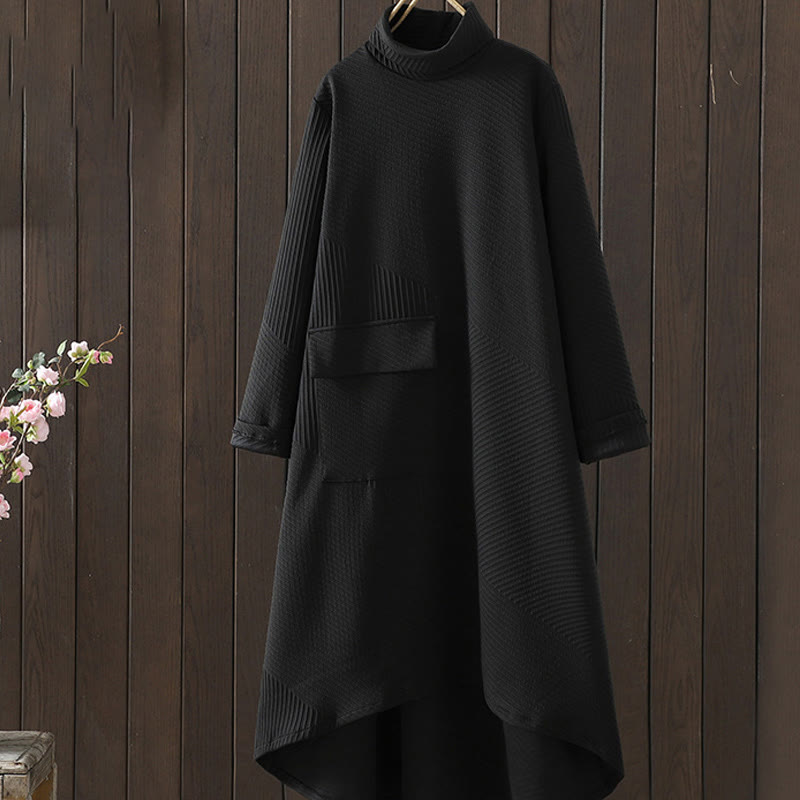 Buddha Stones Pure Color Irregular Design Cotton Turtleneck Long Sleeve Midi Dress With Pocket - Black - US8-10,UK/AU12-14,EU40-42 (2XL) - image 0
