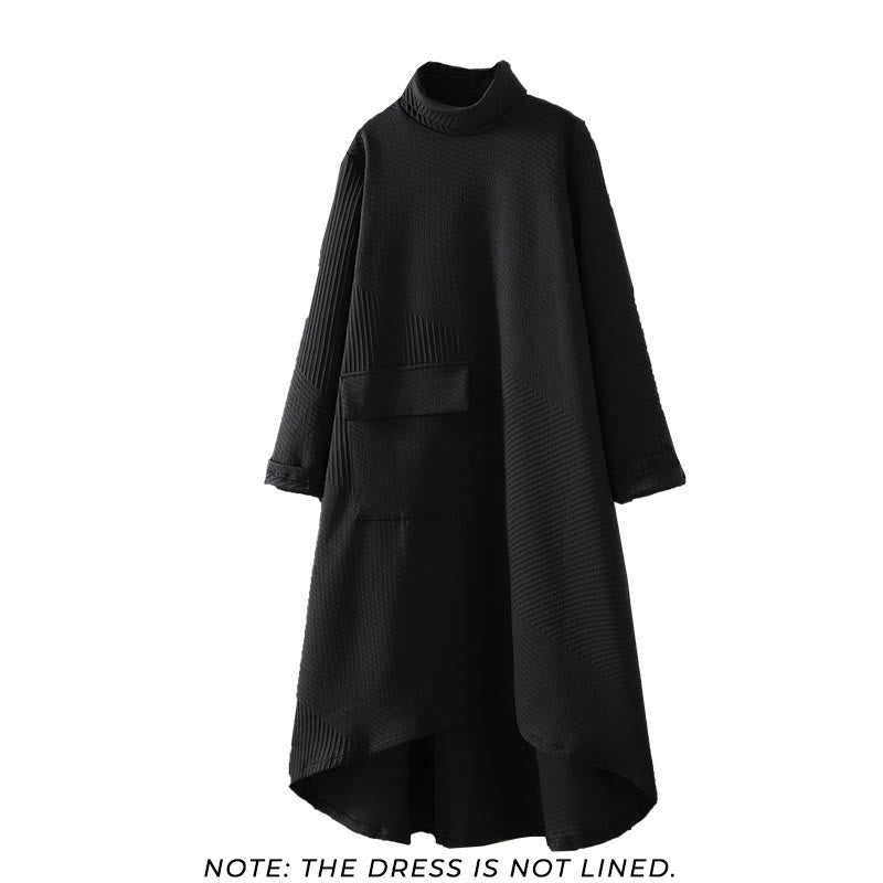 Buddha Stones Pure Color Irregular Design Cotton Turtleneck Long Sleeve Midi Dress With Pocket - image 1