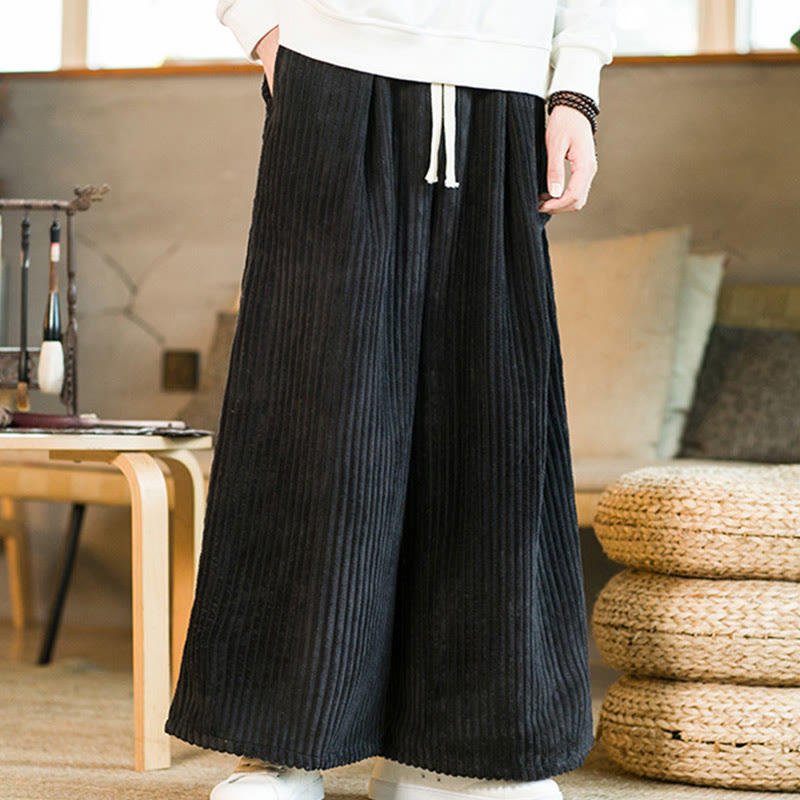 Buddha Stones Commute Plain Drawstring Men's Wide Leg Cotton Corduroy Pants With Pockets - image 2