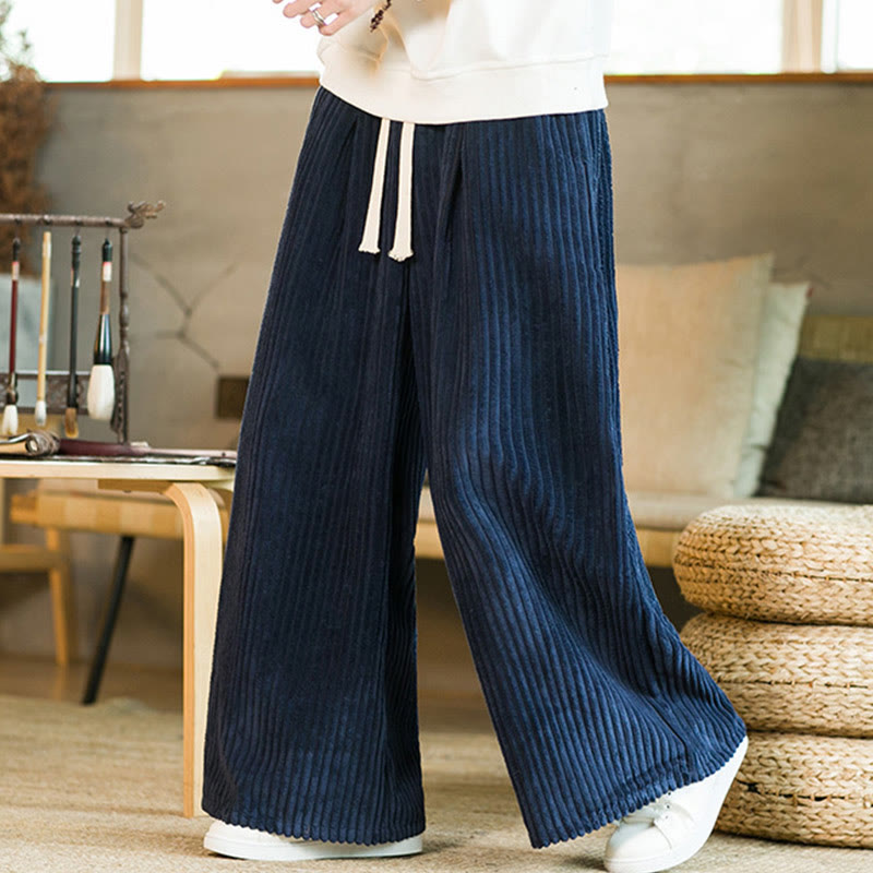 Buddha Stones Commute Plain Drawstring Men's Wide Leg Cotton Corduroy Pants With Pockets - image 13
